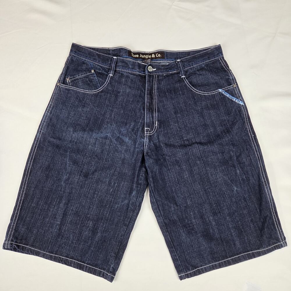 Sive Jungle & Co. Men's Dark Wash Denim Shorts Size 42 Relaxed Fit Embroidered